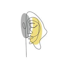 una linea astratta donna faccia con colore grigio e giallo. volto di donna schizzo lineare continuo minimalista. contorno di opera d'arte bianco nero ritratto femminile. testa di ragazza d'arte moderna per la bellezza. vettore