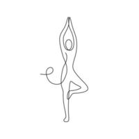 disegno a tratteggio continuo dell'uomo in piedi in posa yoga con le braccia sopra la testa. disegno a tratteggio continuo del concetto di yoga fitness uomini vettore