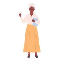 anziano nero donna con libro. scuola insegnante, bibliotecario, attività commerciale donna vettore