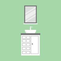 cartone animato, igiene sanitaria, arredi, di, bagno, bagno, con, lavandino, wc, specchio, rubinetto, lavatrice, isolato, su, verde chiaro, fondo. illustrazione piana di vettore di progettazione moderna della mobilia del bagno