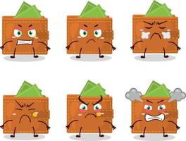 portafoglio cartone animato personaggio con vario arrabbiato espressioni vettore
