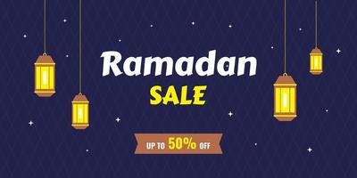 banner orizzontali di concetto di Ramadan Kareem con icone piane dei cartoni animati. felice eid mubarak con lanterne tradizionali isolate su sfondo blu navy. celebrazione musulmana islamica. illustrazione vettoriale. vettore