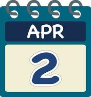 piatto icona calendario 2 di apr. Data, giorno e mese. vettore illustrazione . blu alzavola verde colore striscione. 2 apr. 2 ° di apr.
