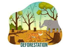 la deforestazione illustrazione con albero nel il abbattuto foresta e ardente in inquinamento causando il estinzione di animali nel cartone animato mano disegnato modelli vettore
