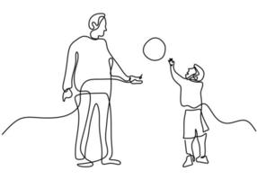 un unico disegno a tratteggio del giovane padre con il figlio gioca a calcio sul campo. un papà gioca con suo figlio per le vacanze. concetto di apprendimento genitoriale felice disegno minimalista di arte disegnata a mano vettore