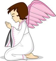 carino cartone animato preghiere angelo con Ali e alone vettore