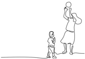 un disegno a tratteggio continuo del giovane mather che gioca la palla con il suo bambino che lancia insieme. mamma felice di trascorrere del tempo con suo figlio a casa isolato su sfondo bianco. design minimalista vettore