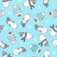 seamless con divertenti pinguini in abiti a maglia e fiocchi di neve. buon natale modello blu. vettore