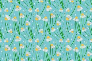 margherita fiore senza soluzione di continuità modello bianca fiore su blu verde sfondo con verde le foglie prato campo design per moda tessile tessuto interno involucro carta eccetera. vettore