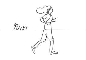 continuo un disegno della giovane donna atleta runner focus sprint run. ragazza di carattere che corre intorno isolato su sfondo bianco. sport e concetto di stile di vita sano. illustrazione vettoriale