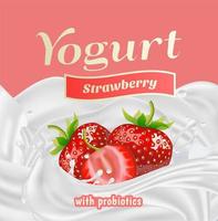 fragola Yogurt con probiotici spruzzo etichetta distintivo modello. vettore