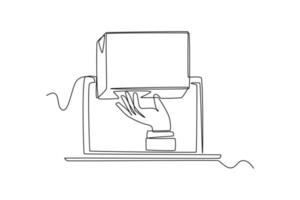 singolo una linea disegno un' mano sollevamento un' pacchetto scatola nel un' il computer portatile. e-commerce concetto continuo linea disegnare design grafico vettore illustrazione