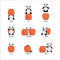 cartone animato preposizione di posto concetto con colore personaggi panda icone impostare. vettore
