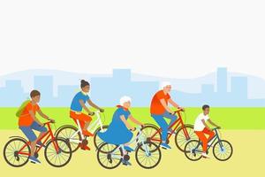 mamma, figlio, papà e nonni vanno in bicicletta vettore