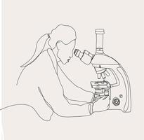 minimalista microscopio linea arte, ricercatore in linea disegno, biologia chimica schizzo, illustrazione vettore