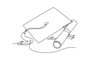 singolo una linea disegno la laurea carta rotoli e la laurea cappello. la laurea concetto. continuo linea disegnare design grafico vettore illustrazione.