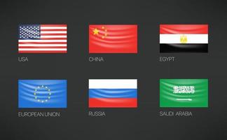 sventolando bandiere insieme vettoriale. Stati Uniti d'America, Cina, Egitto, Unione Europea, Russia, Arabia Saudita vettore