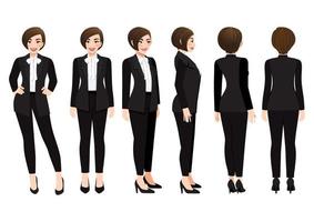personaggio dei cartoni animati con donna d'affari in abito nero per l'animazione. anteriore, laterale, posteriore, vista 3-4 caratteri. illustrazione vettoriale
