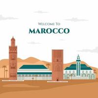 colorato benvenuto al design del banner marocco. destinazione di viaggio marocco in africa con edifici storici della città. giro turistico in marocco. illustrazione vettoriale di cartone animato piatto