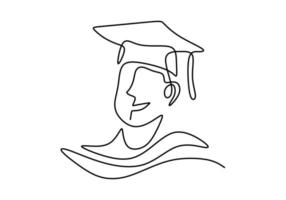 disegno di arte di una linea continua di studente laureato felice che indossa il cappello di laurea. college, allievo della scuola che celebra il tema della laurea isolato su priorità bassa bianca. illustrazione vettoriale