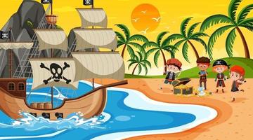 scena della spiaggia al tramonto con bambini pirata vettore