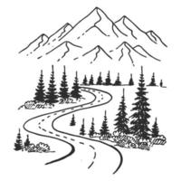 strada di montagna. paesaggio nero su sfondo bianco. picchi rocciosi disegnati a mano nello stile di abbozzo. illustrazione vettoriale