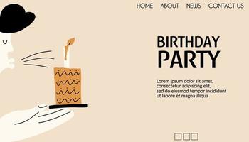 atterraggio pagina, bandiera per compleanno, festa. un' vettore illustrazione nel mano disegnato stile. sito web design modello
