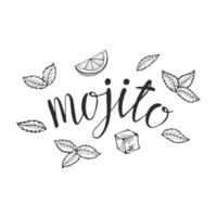 lettering mojito cocktail classico disegnato a mano illustrazione vettoriale. con ghiaccio e una fetta di lime e foglie di menta, per le carte dei cocktail. scritte in casa mojito, illustrazione vettoriale isolato