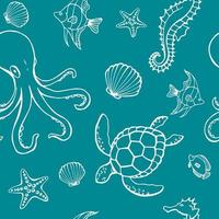 seamless con diversi animali e oggetti marini. sfondo di vita sottomarina di mare o oceano. elementi concettuali. illustrazione vettoriale in stile disegnato a mano.