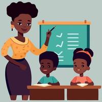insegnanti giorno femmina nero insegnante e Due bambini vettore