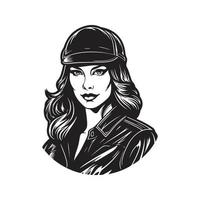 femmina motociclista, logo concetto nero e bianca colore, mano disegnato illustrazione vettore