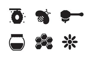 impostato di ape e miele icone nel nero design isolato su bianca sfondo vettore