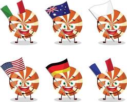 spirale caramella cartone animato personaggio portare il bandiere di vario paesi vettore