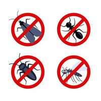 fermare insetti. scarafaggio, zanzara, formica, falena sagome. avvertimento Proibito cartello, anti insetto vettore icone.