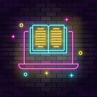 digitale bibliotecario, il computer portatile neon icona. formazione scolastica neon icona su buio mattone parete sfondo. vettore