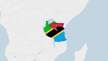Tanzania carta geografica evidenziato nel Tanzania bandiera colori e perno di nazione capitale dodom. vettore