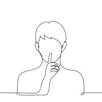 uomo mettere il suo dito per il suo labbra - uno linea disegno vettore. concetto gesto chiamata per essere silenzioso, comando per essere silenzioso vettore