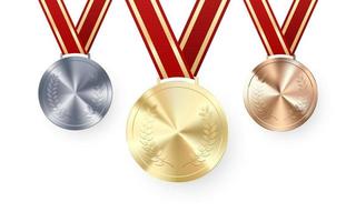 d'oro argento e bronzo medaglie con alloro sospeso su rosso nastro. premio simbolo di vittoria e successo. vettore illustrazione