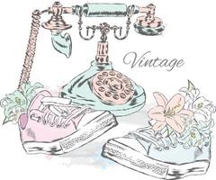 telefono vintage, fiori e scarpe da ginnastica. illustrazione hipster. vettore