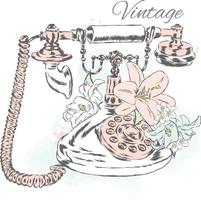 telefono vintage e fiori di giglio. illustrazione hipster. vettore
