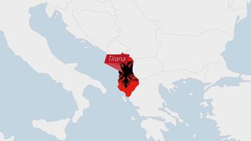 Albania carta geografica evidenziato nel Albania bandiera colori e perno di nazione capitale tirana. vettore