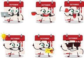 Halloween calendario cartone animato personaggio con vario tipi di attività commerciale emoticon vettore