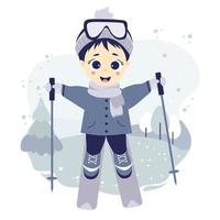 sport invernali. ragazzo atleta sci su uno sfondo decorativo con un paesaggio invernale, alberi e neve. vettore