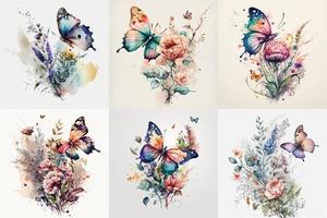 farfalla acquerello impostare, floreale illustrazione, floreale fiore, floreale fascio vettore