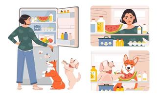 animale domestico proprietario. il donna ha aperto il frigo con cibo e feed il animali domestici. Affamato donna controllo frigorifero con cibo. cani scegliere cibo nel il frigorifero. piatto vettore illustrazione.