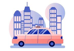 Taxi servizio. sfondo il città con grattacieli. piatto cartone animato stile. vettore illustrazione