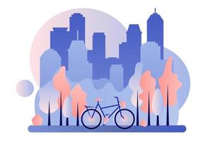 bicicletta noleggio. sfondo il città con grattacieli. piatto cartone animato stile. vettore illustrazione