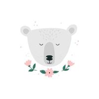 carino mano disegnato polare orso. bello Stampa con bianca orso. testa con fiori su un' bianca sfondo. infantile stile asilo arte. vettore illustrazione per parete arte, carta.