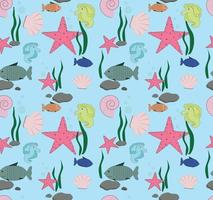seamless con la vita marina. simpatiche illustrazioni con stelle marine, cavallucci marini, pesci, alghe, conchiglie e pietre. vettore