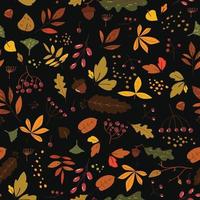 seamless con foglie di autunno in arancione, marrone e giallo. design alla moda carino per tessuto, carta da parati, carta da imballaggio. stile scandinavo ripetuto sfondo nero con foglie. mano disegnare texture. vettore